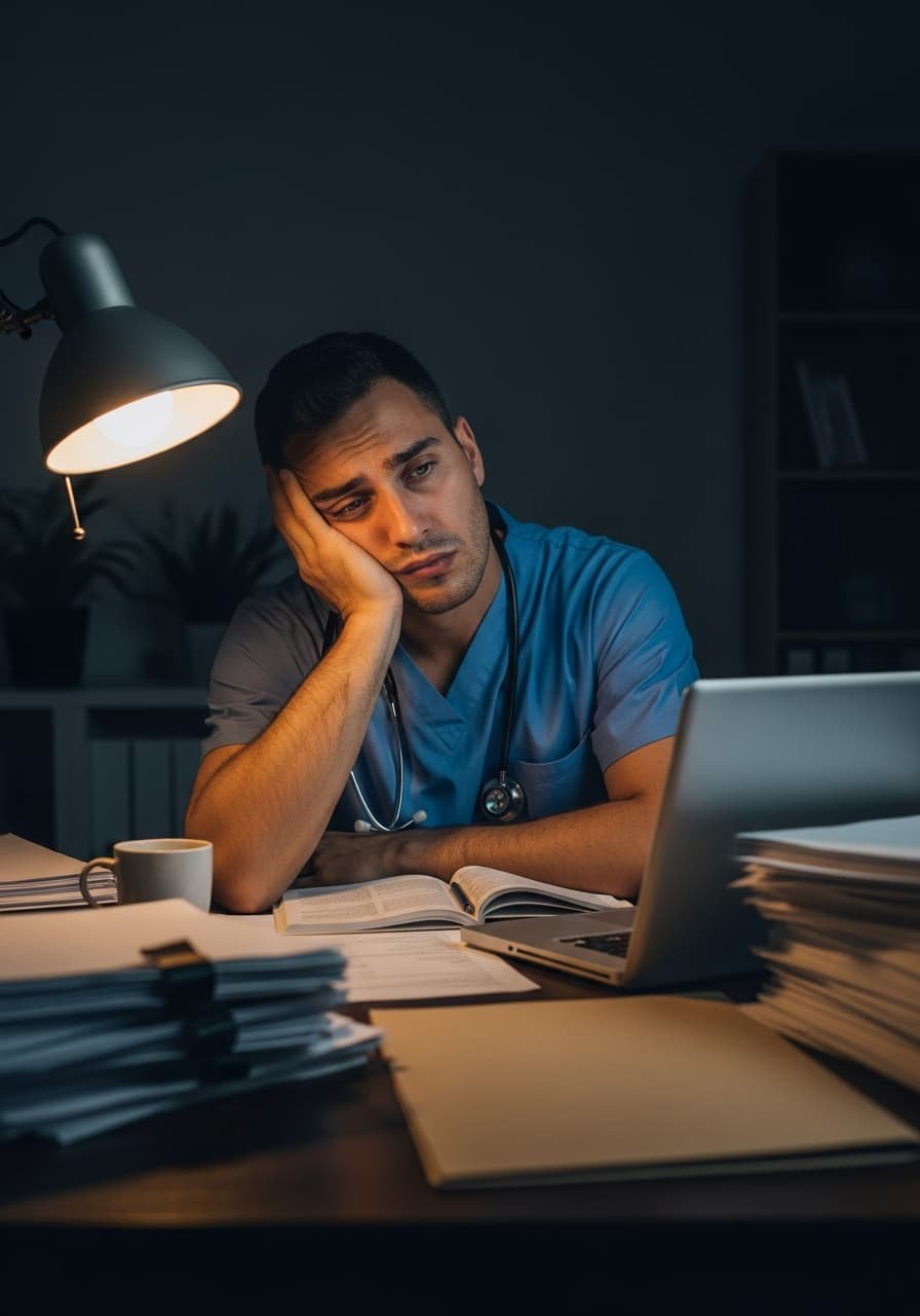 Doctor late at night writing audit